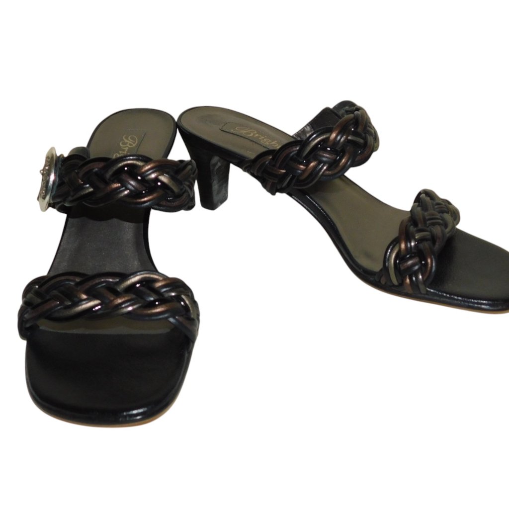 Brighton Fiji Braided Leather Strap Sandals Silver Buckle Black Bronze Size 6.5